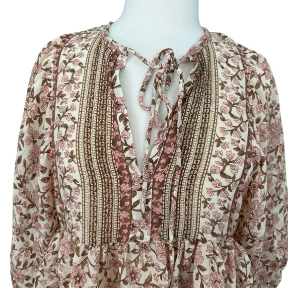 By the River Tan and Brown Relaxed Blouse with Tie Front and Mandarin Collar M - Picture 2 of 8